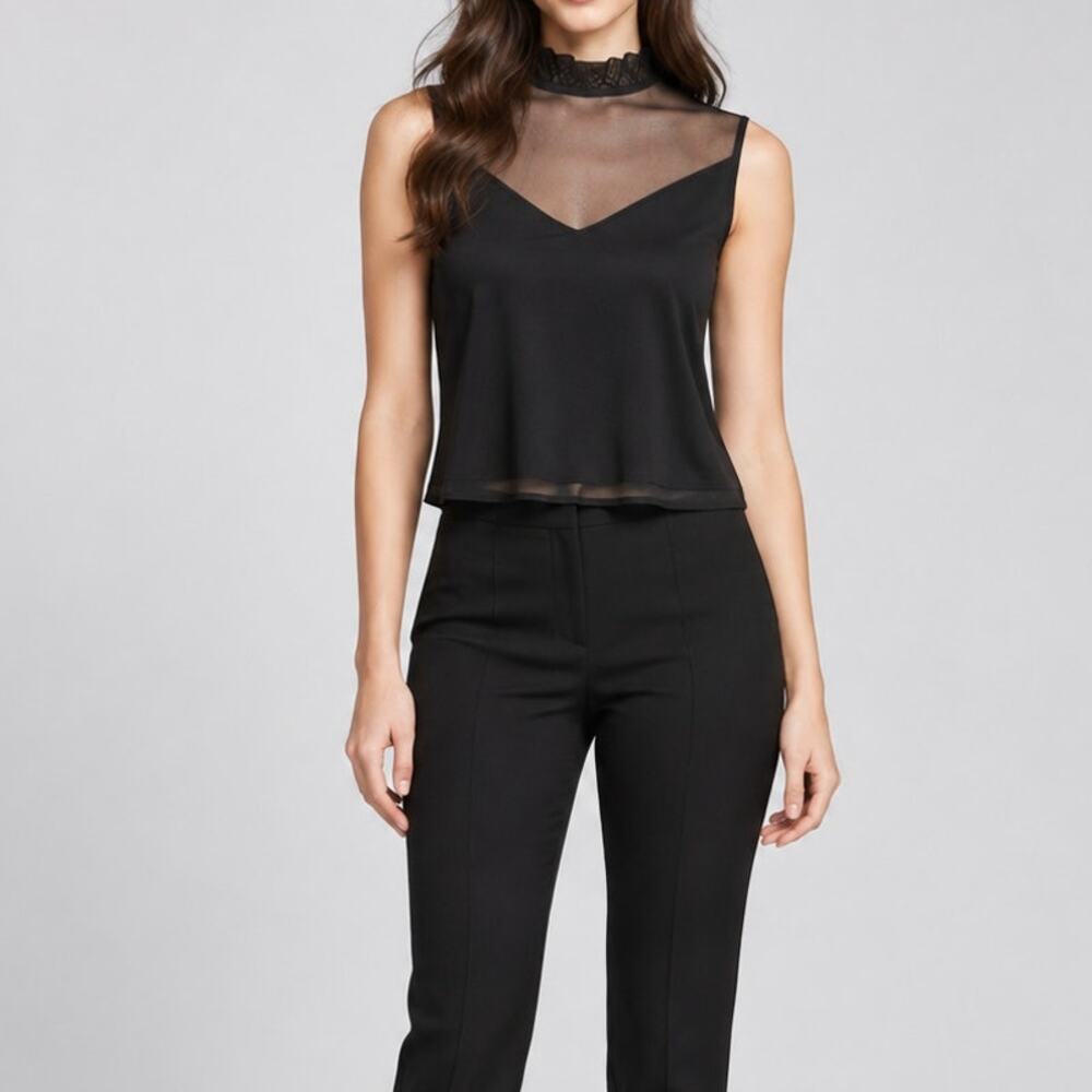 Generation Love Mesh Ruffle Neck Sleeveless Blouse Evening Party Black Small